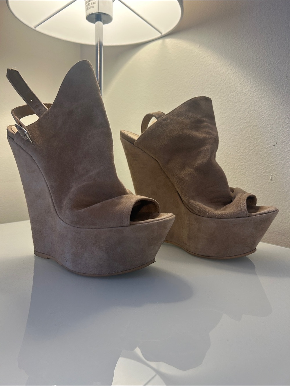 Mimosa shoesSuede Peep-Toe Platform Wedge Sandals in Taupe